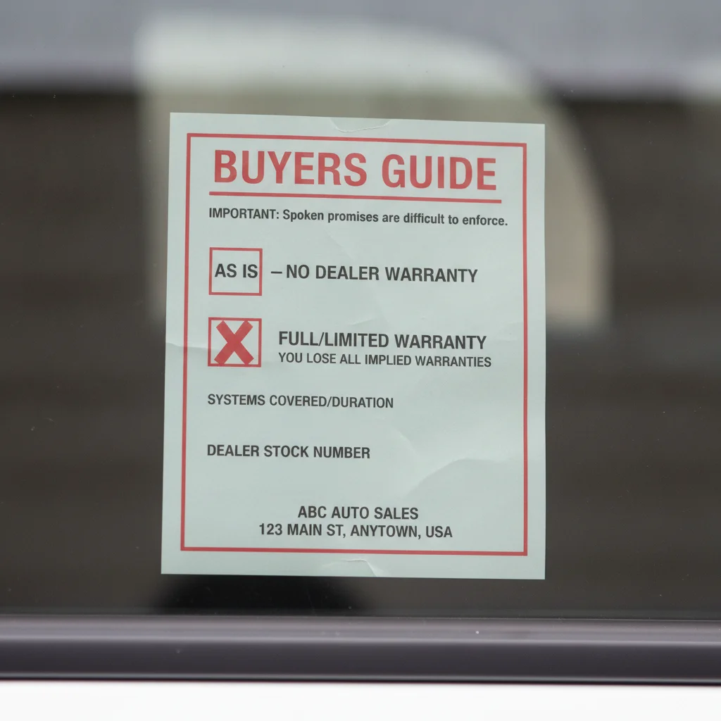 FTC Buyers Guide sticker in a used car window showing the as-is no warranty checkbox.