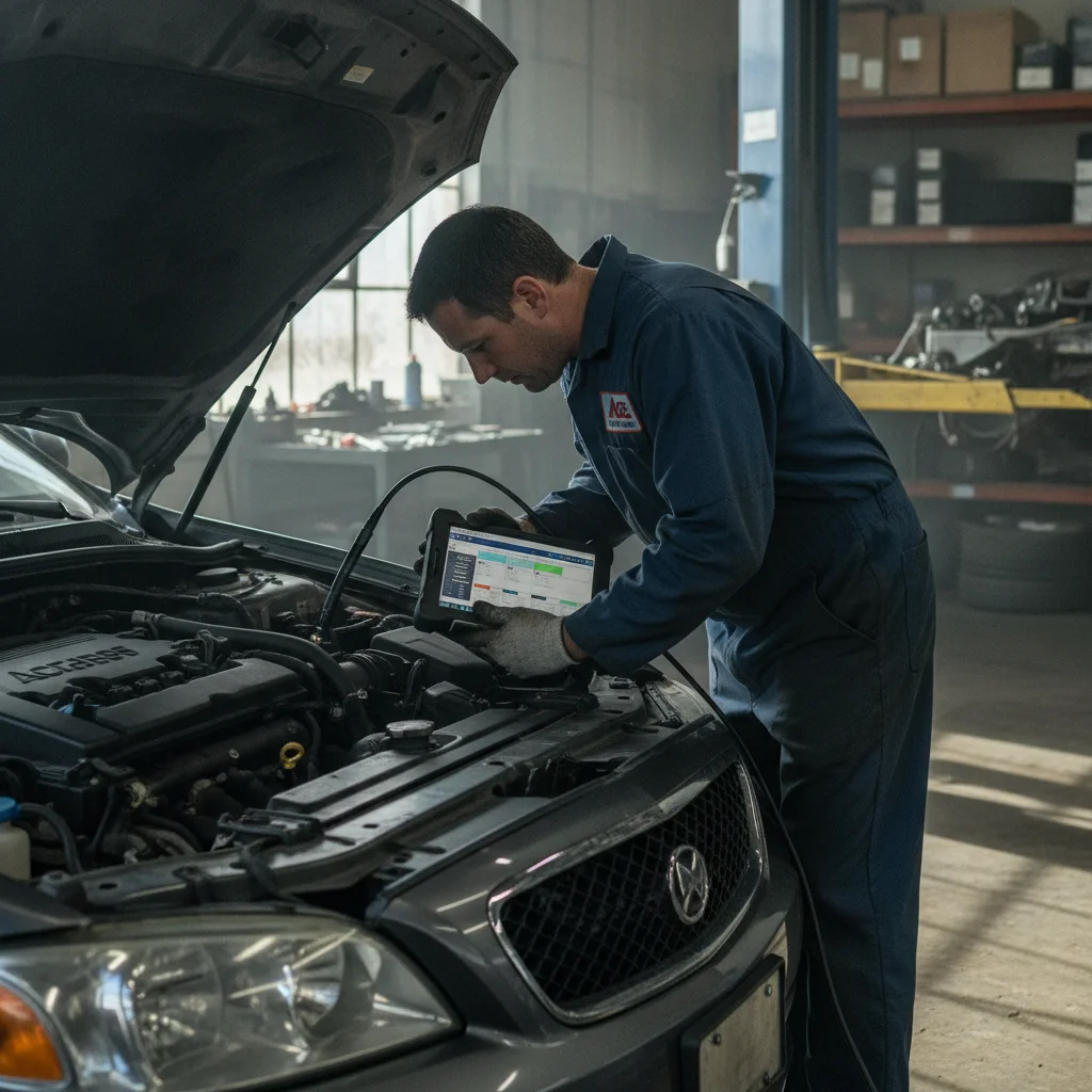 A mechanic performing a pre-purchase inspection under the hood of a used car in a garage.