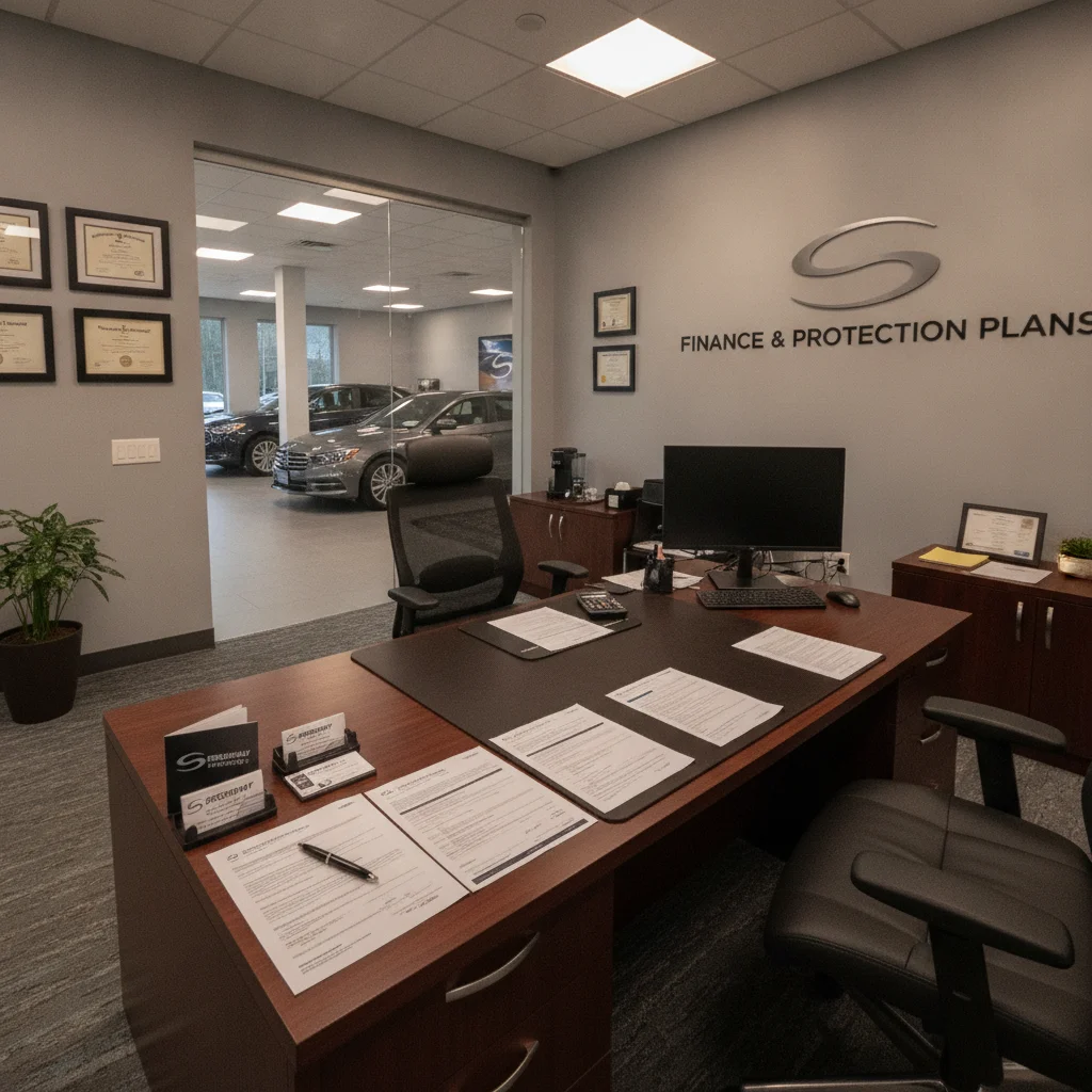 A car dealership finance office desk with purchase contracts and paperwork spread out.