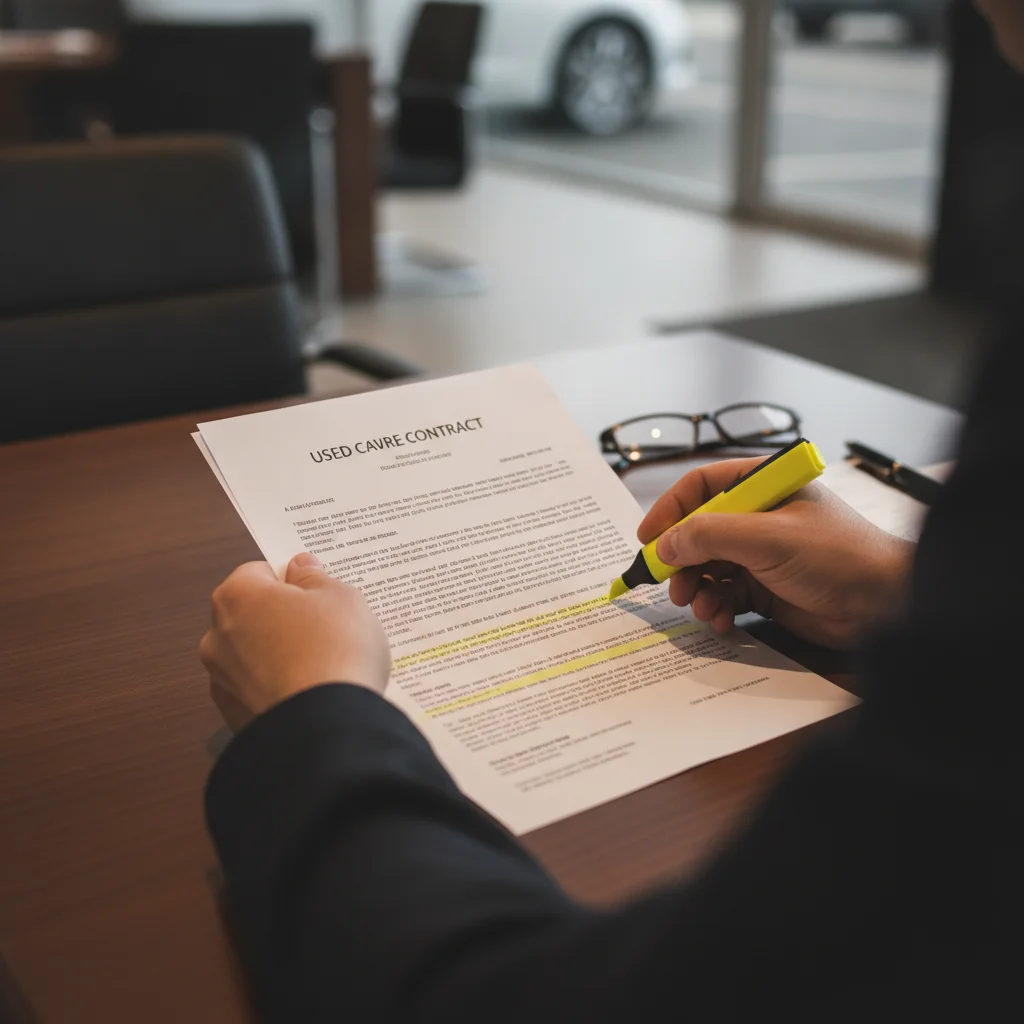 Buyer's hands holding and reading a used car purchase contract with a highlighter at a dealership.