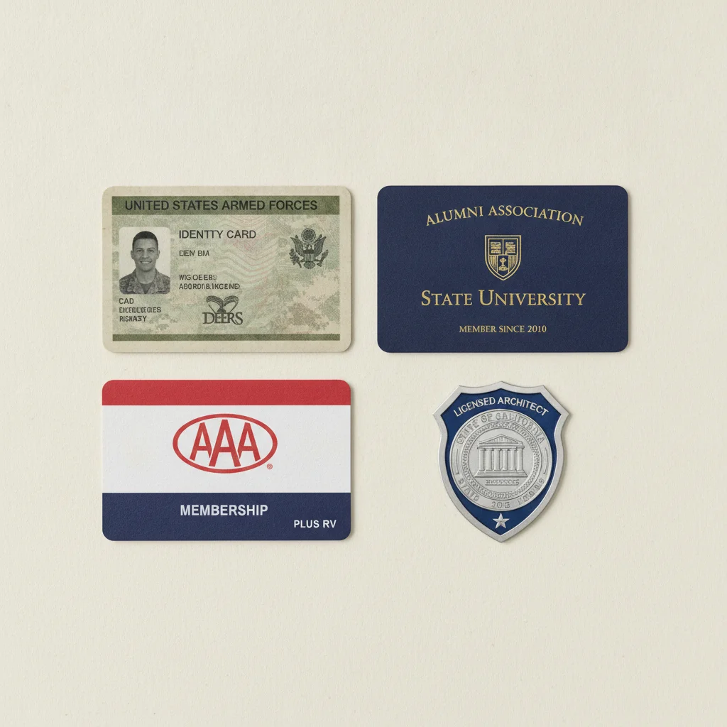 Military ID, alumni card, AAA membership, and professional license arranged to show affiliation discount eligibility