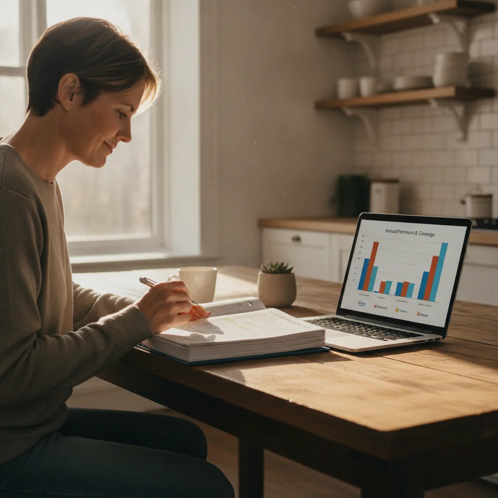 Person comparing auto insurance documents and an online policy comparison chart at a kitchen table