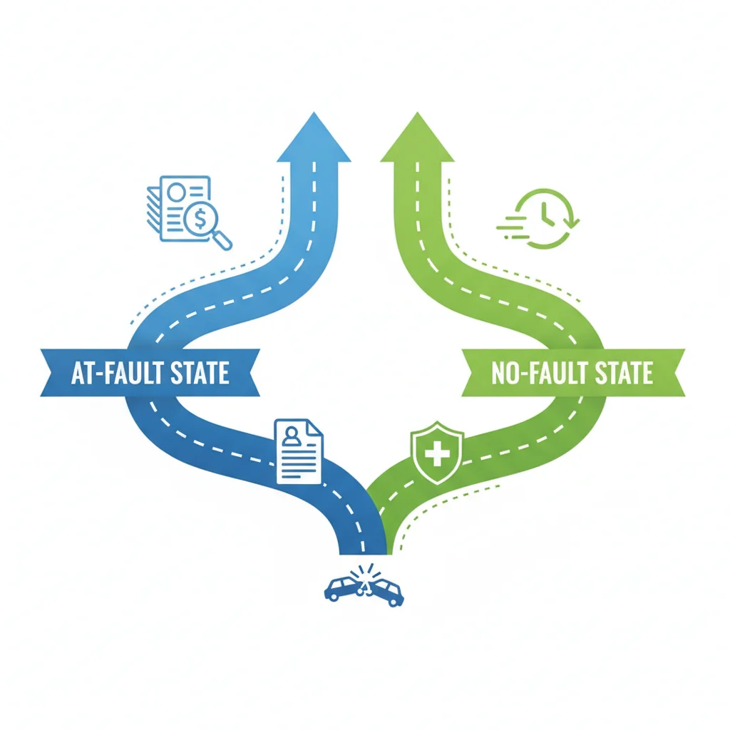 Illustration of two paths representing at-fault and no-fault state insurance systems diverging from a common road