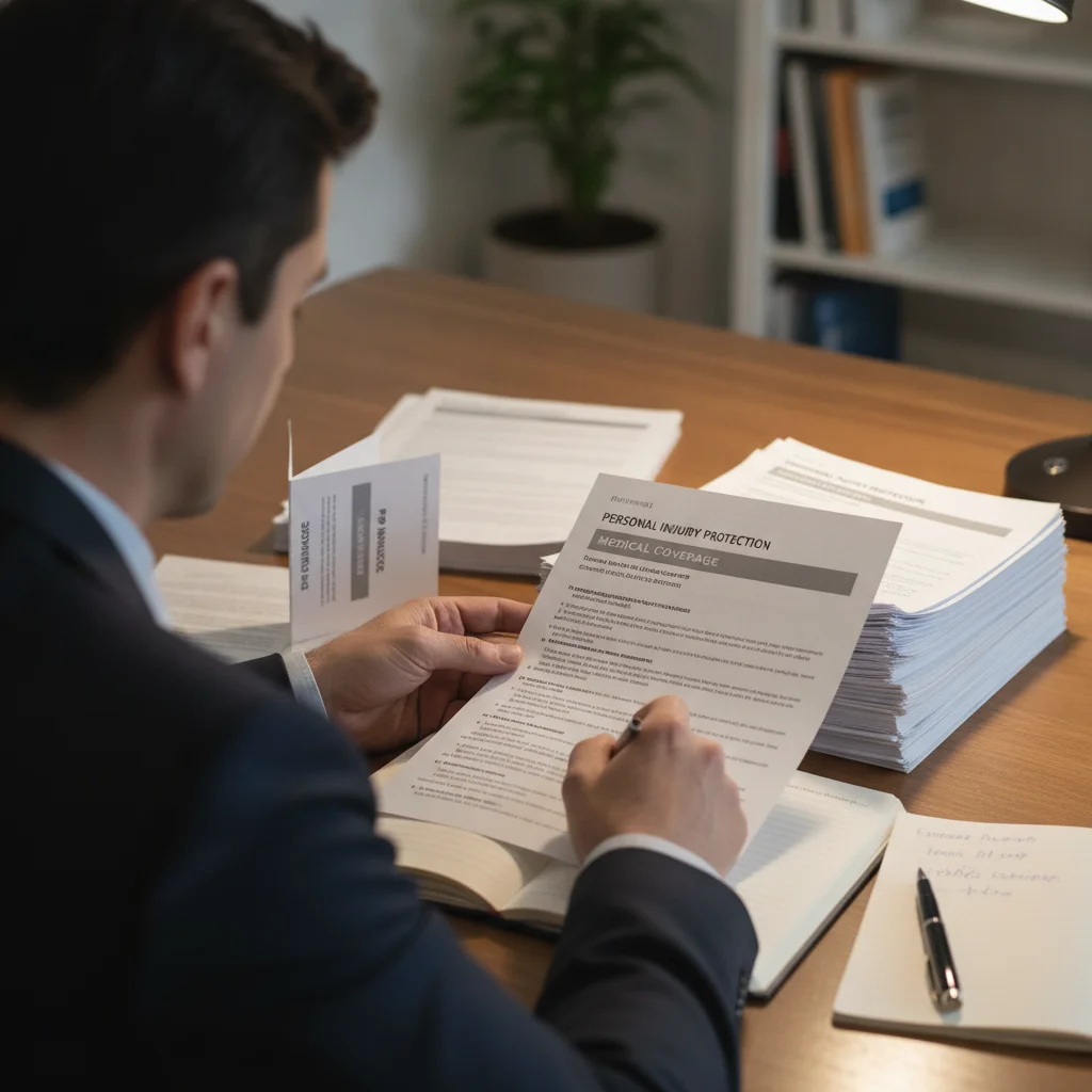 Driver reviewing Personal Injury Protection insurance documents at a desk with paperwork and a pen