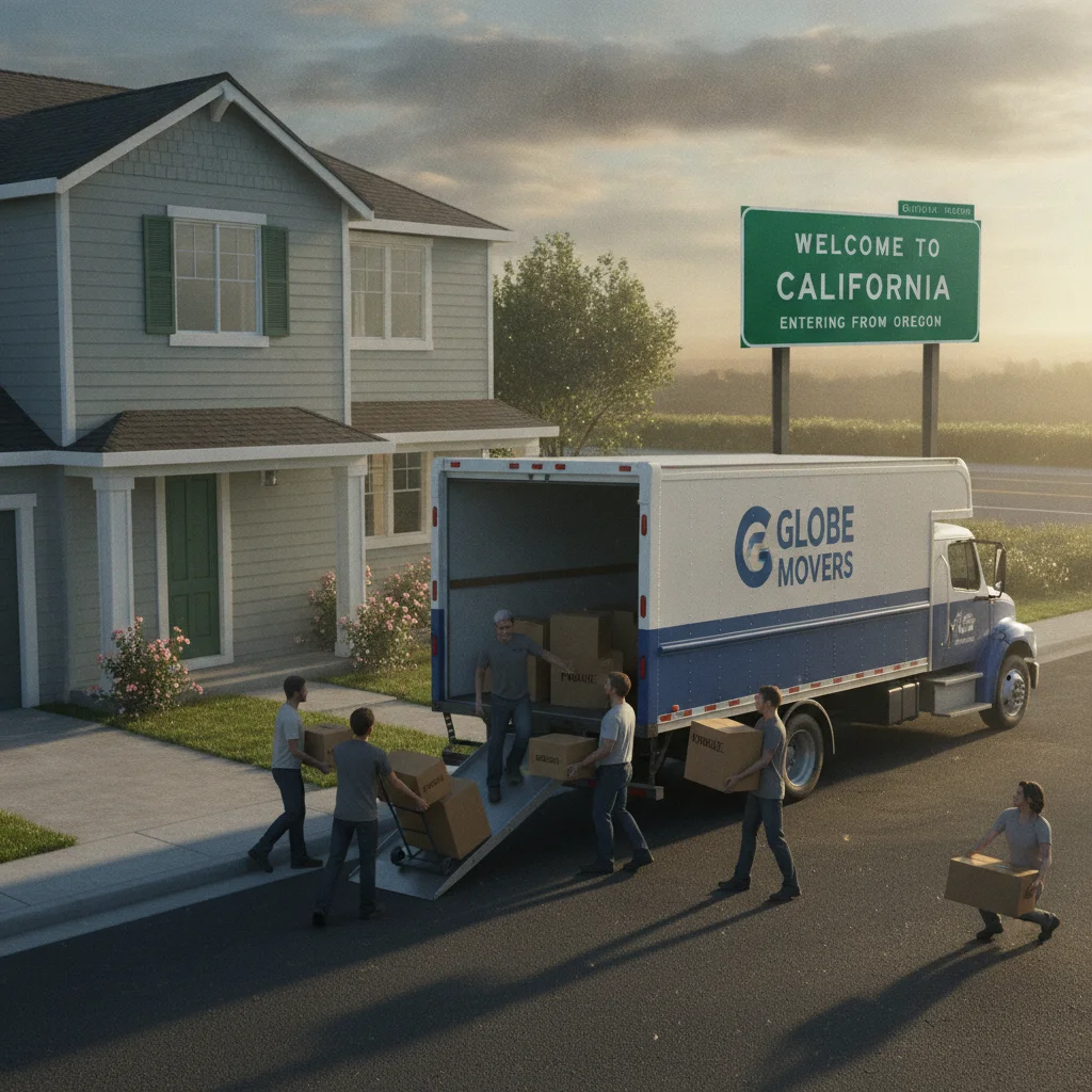 Moving truck outside a home near a state boundary sign representing relocation and insurance coverage changes