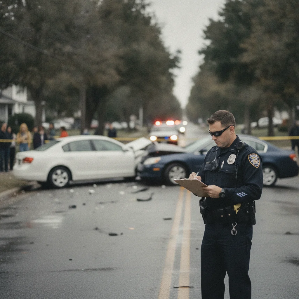 Police officer documenting a car accident scene with two vehicles in the background