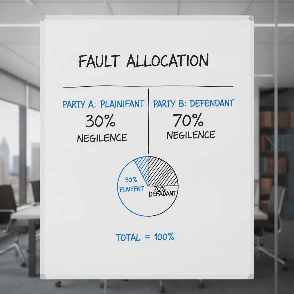 Whiteboard diagram illustrating comparative negligence fault percentages split between two accident parties