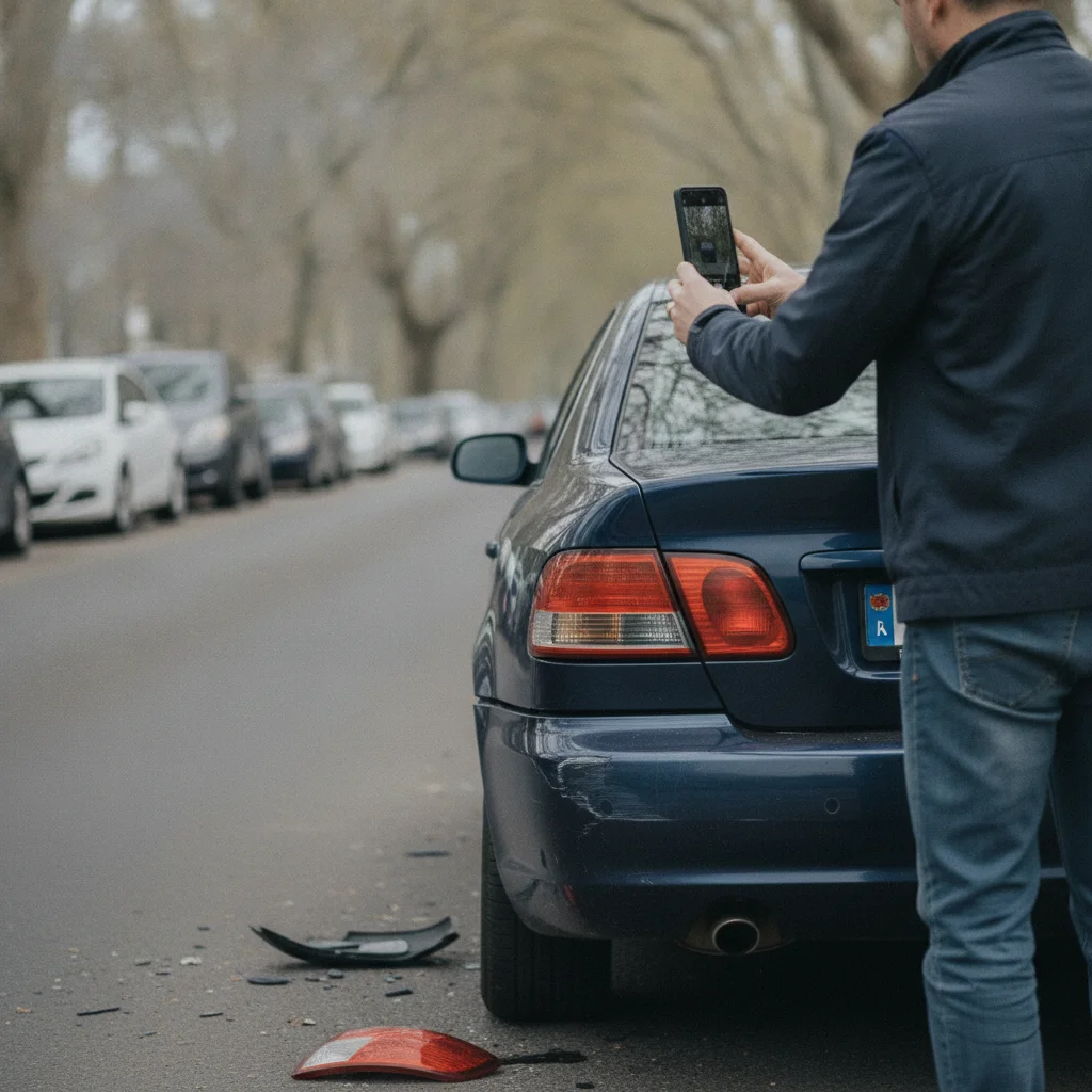 Driver photographing vehicle damage with a smartphone immediately after a minor accident