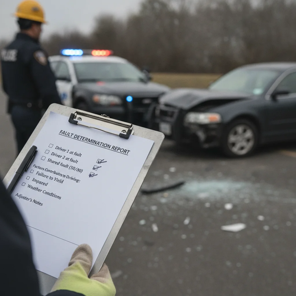 Insurance adjuster holding a fault determination checklist at a vehicle accident scene with a police car in background