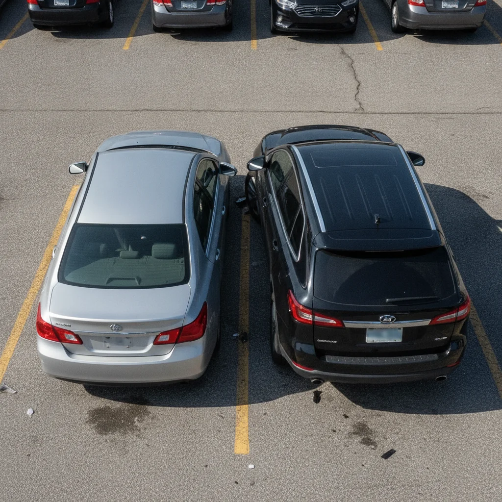 Overhead view of two vehicles with minor collision damage in a parking lot in daylight