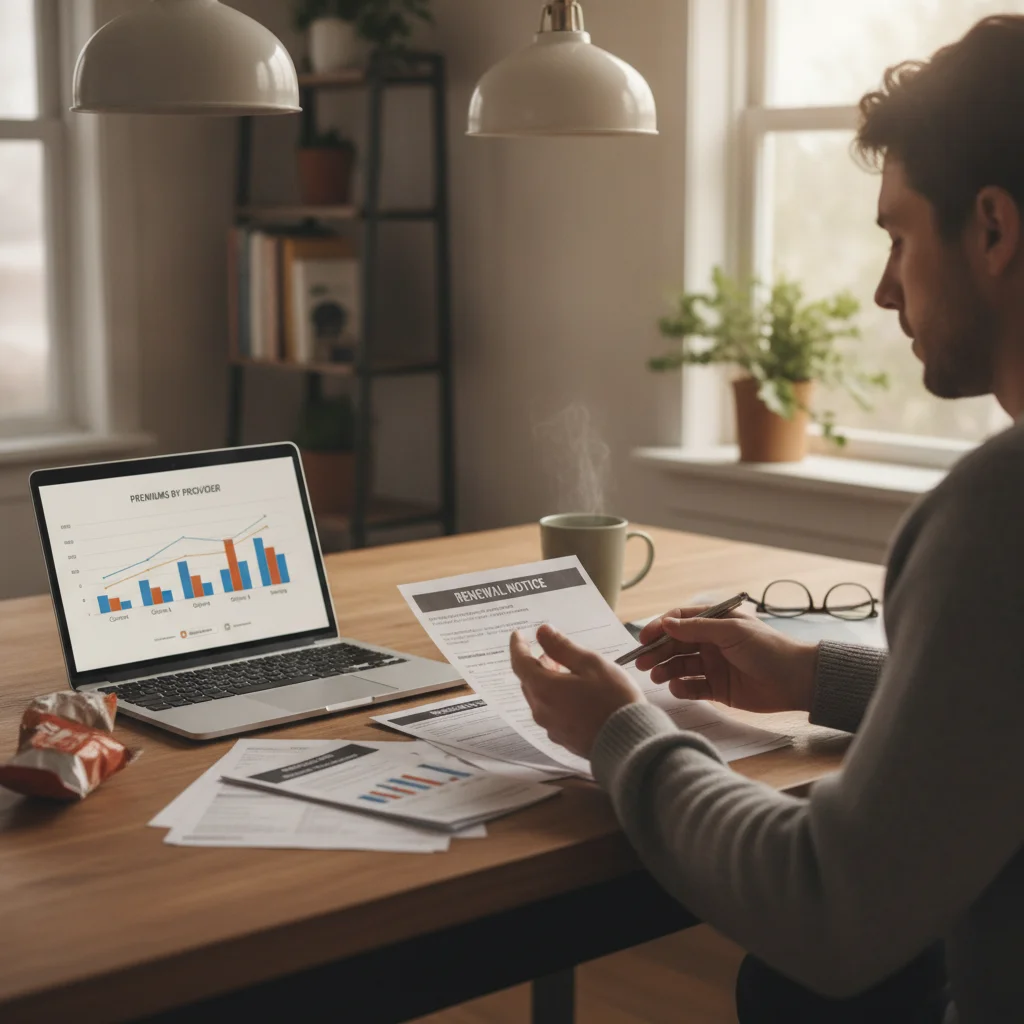 Driver reviewing auto insurance renewal paperwork and premium comparison data on a laptop at home