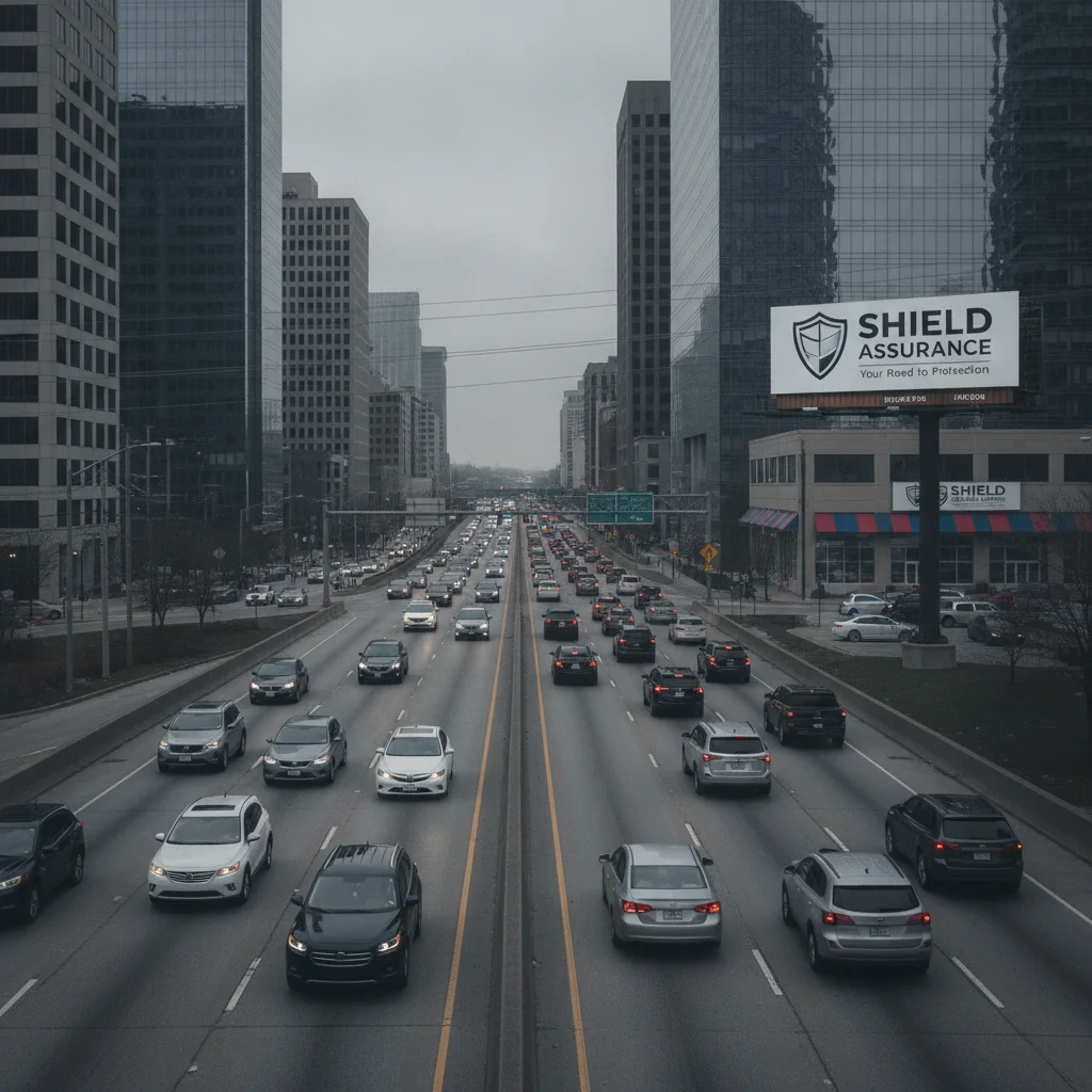 Wide-angle view of a busy multi-lane American highway with an insurance broker billboard visible in the background