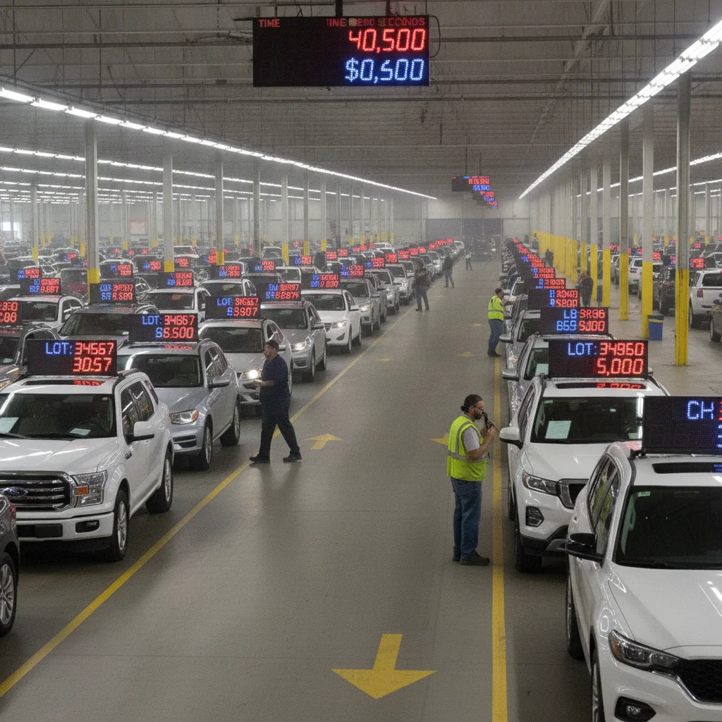 Interior of a wholesale auto auction lane with queued vehicles and numbered display boards showing bid information