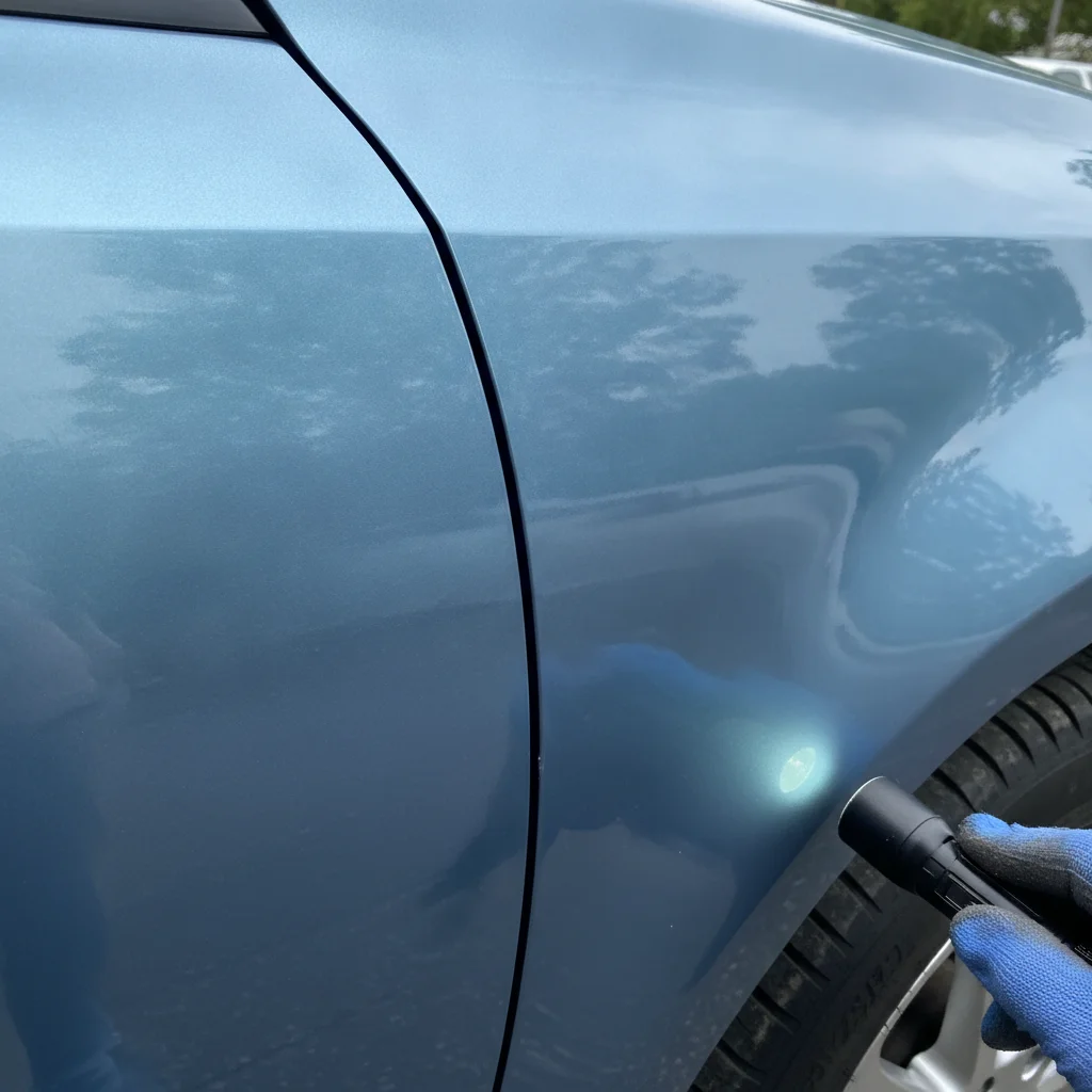 Close-up of mismatched panel gap and subtle paint color difference between a car door and adjacent fender