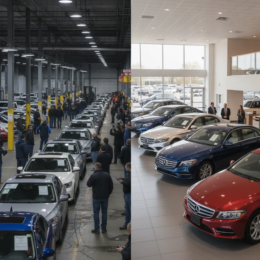 Side-by-side comparison of a wholesale car auction and a retail dealership lot showing the price gap between markets