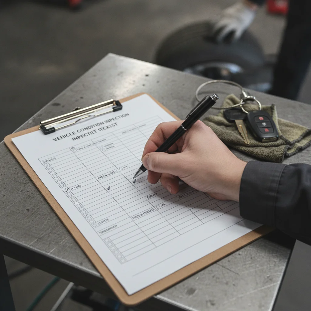 Dealer appraiser marking a vehicle condition inspection checklist with pen on a clipboard beside car keys