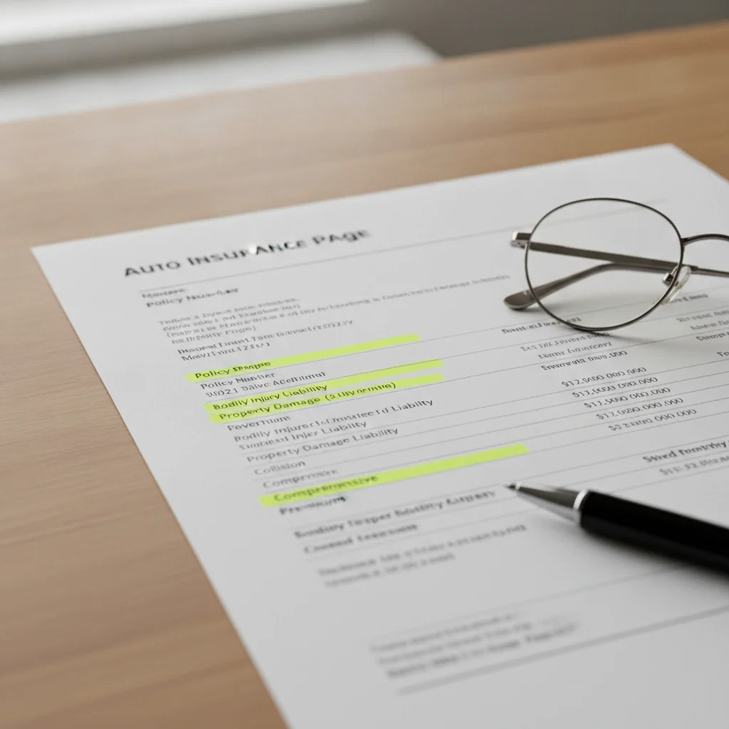 Auto insurance declarations page with highlighted line items on a wooden desk with a pen and glasses