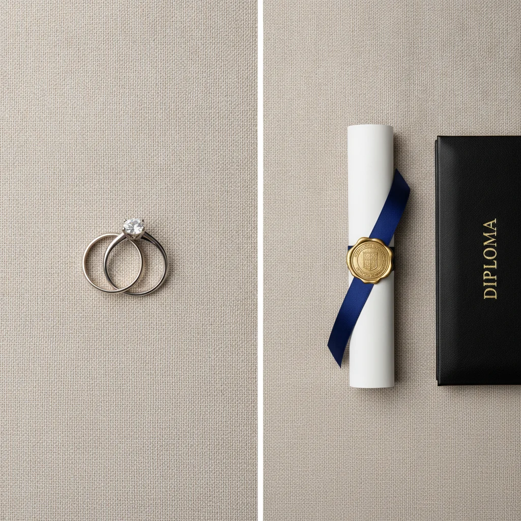 Wedding ring and diploma side by side representing life events that can trigger new auto insurance discounts