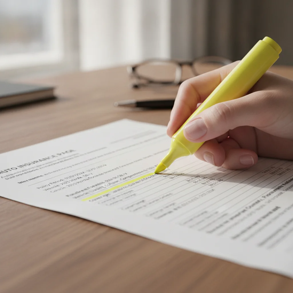 Hand highlighting coverage limits on a printed auto insurance declarations page with a yellow marker