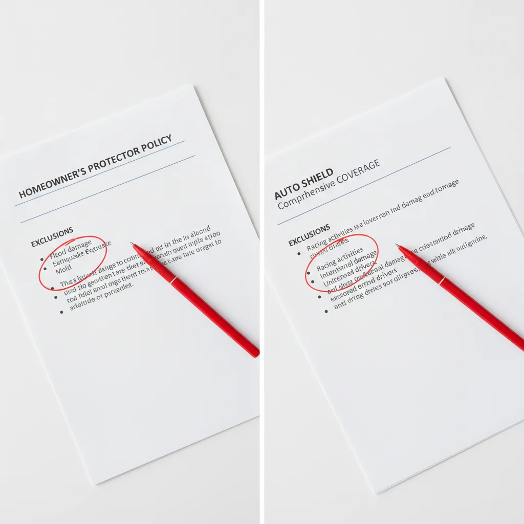 Two insurance policy documents with exclusion clauses circled in red pen for comparison