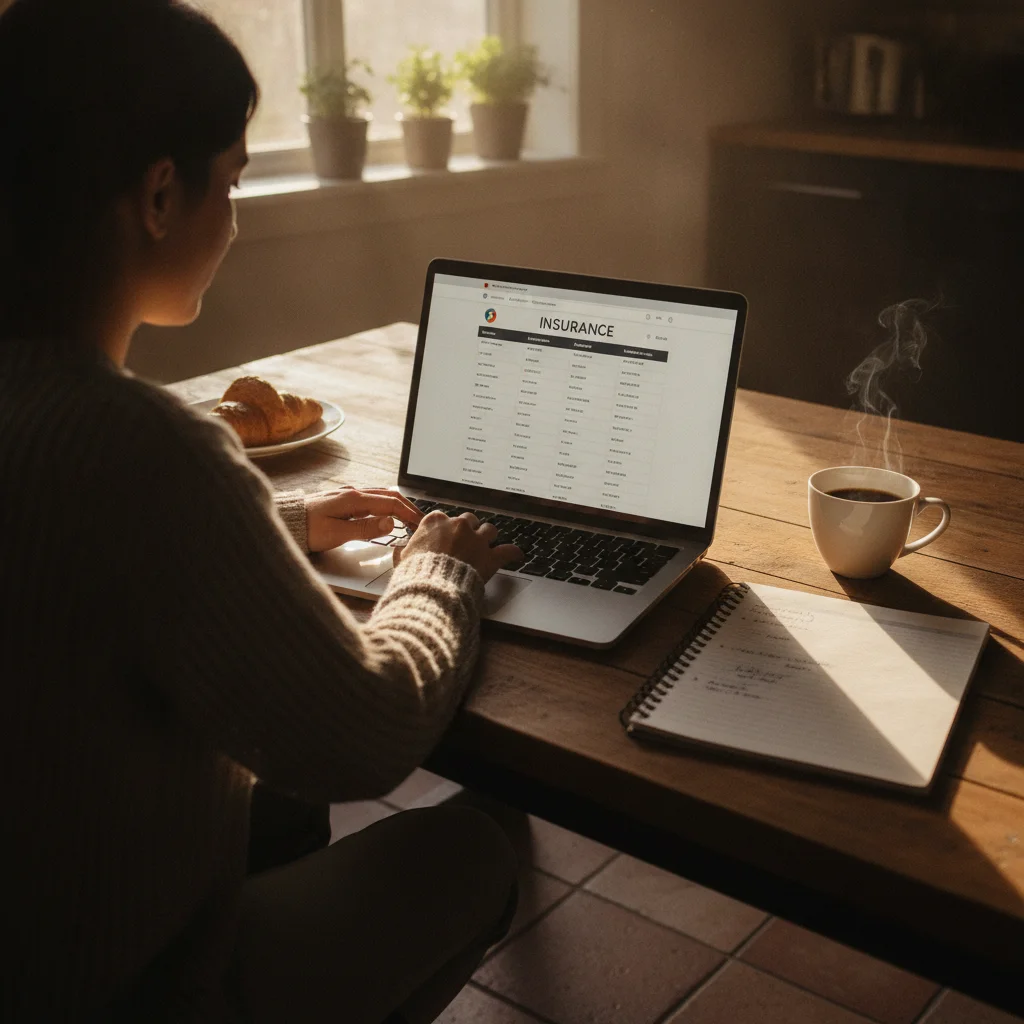 Person comparing auto insurance quotes on a laptop at a kitchen table with handwritten notes nearby
