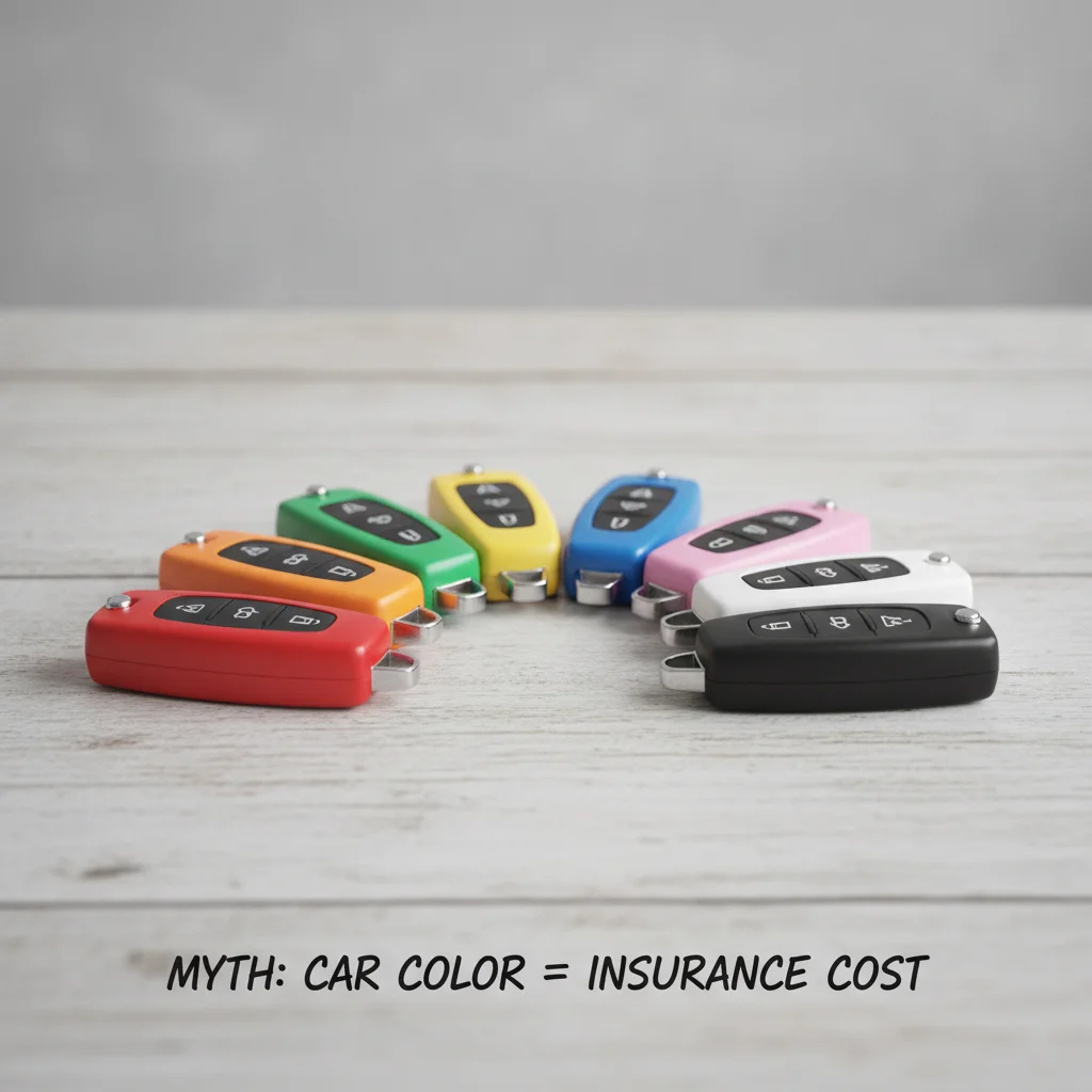 Colorful car key fobs arranged on a desk, representing different vehicle colors and insurance misconceptions