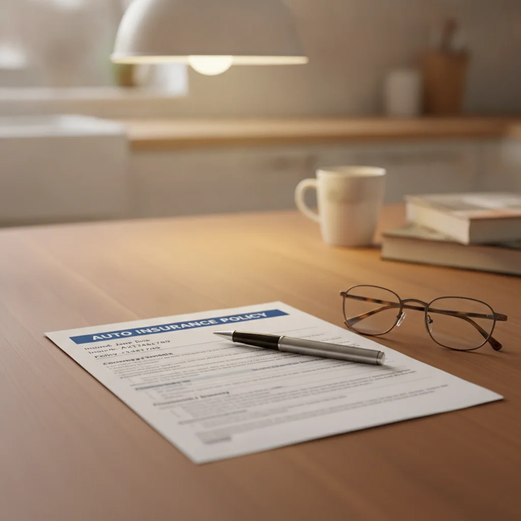 Auto insurance policy document on a table with pen and glasses for review