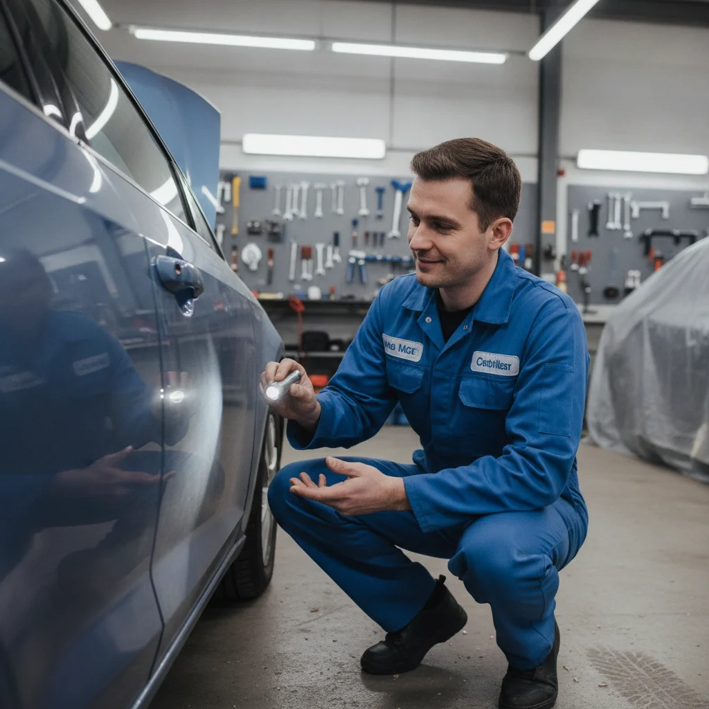 Auto body shop technician examining damage on a vehicle door panel