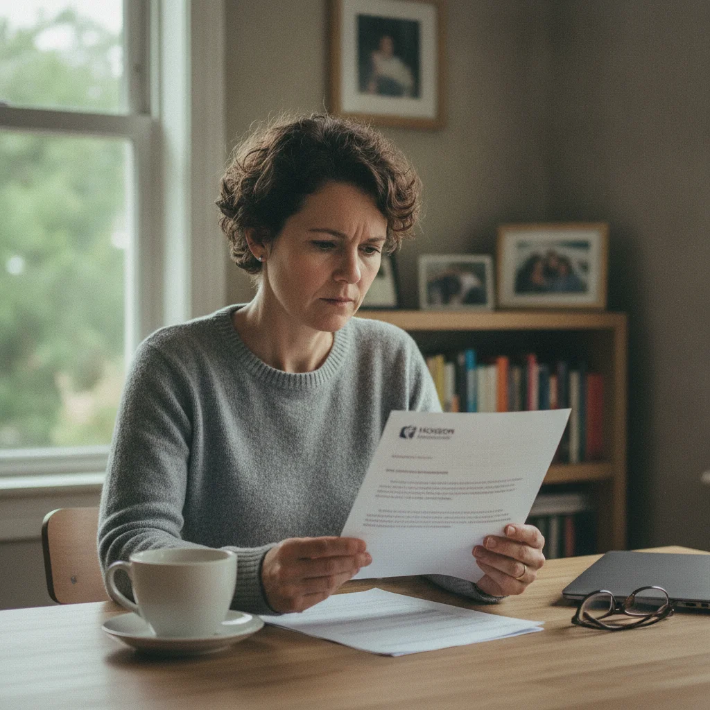 Person reading an insurance claim denial letter at a home desk