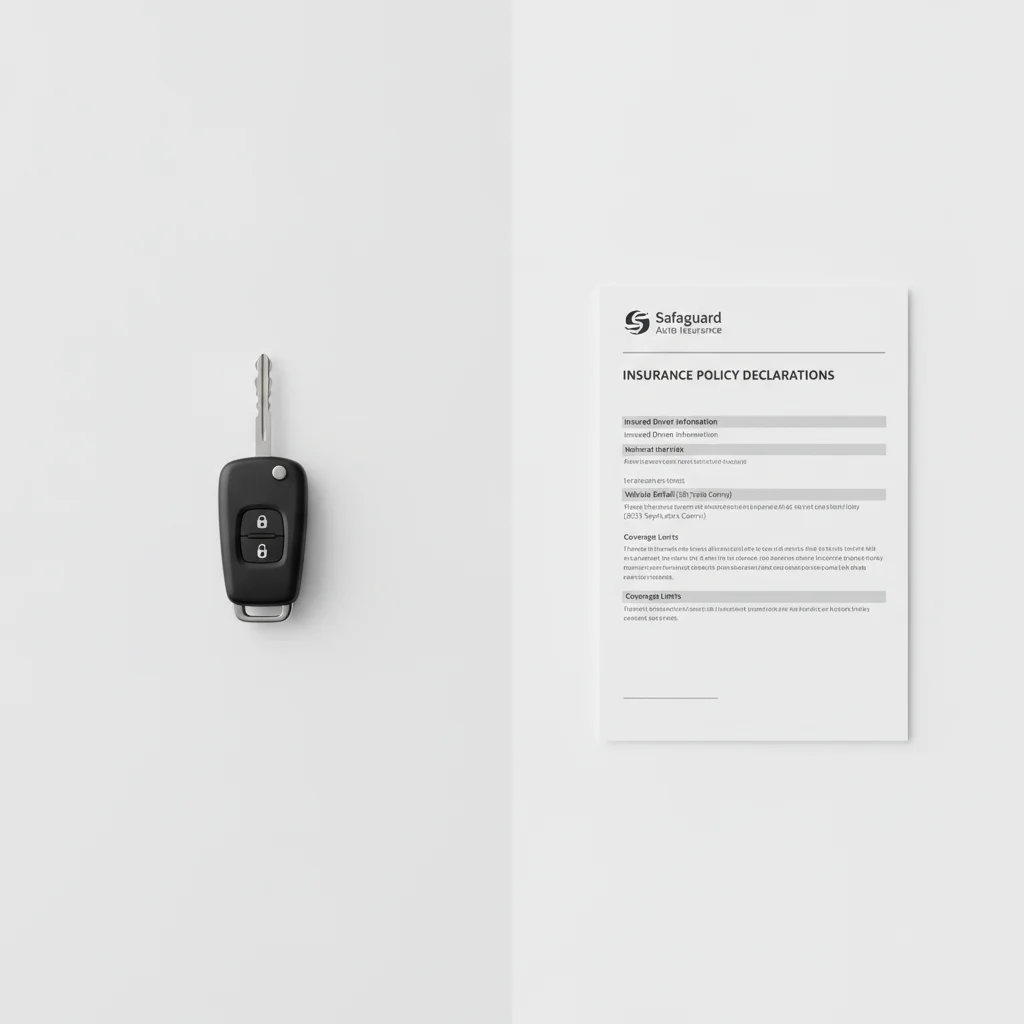 Rental car key and auto insurance declaration page side by side on white surface