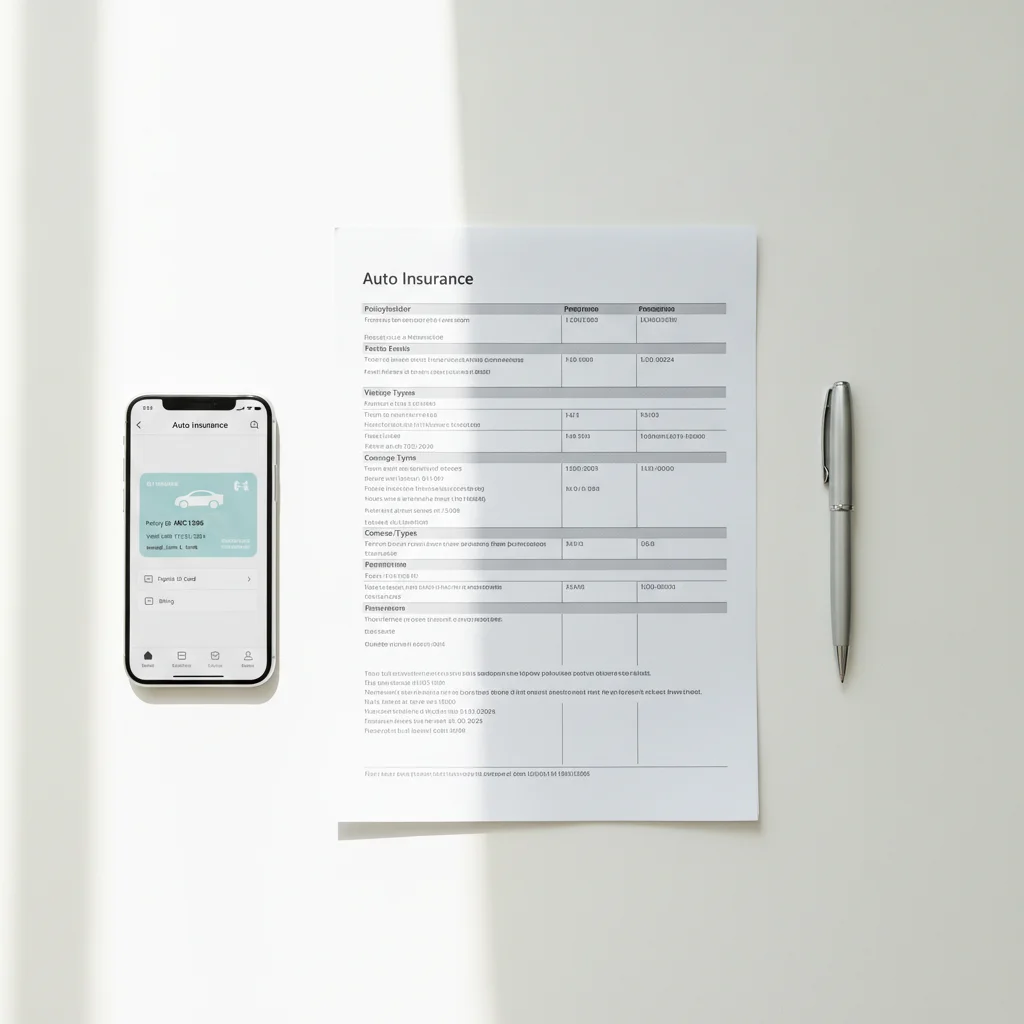 Auto insurance declarations page next to a smartphone showing a policy management app on a desk