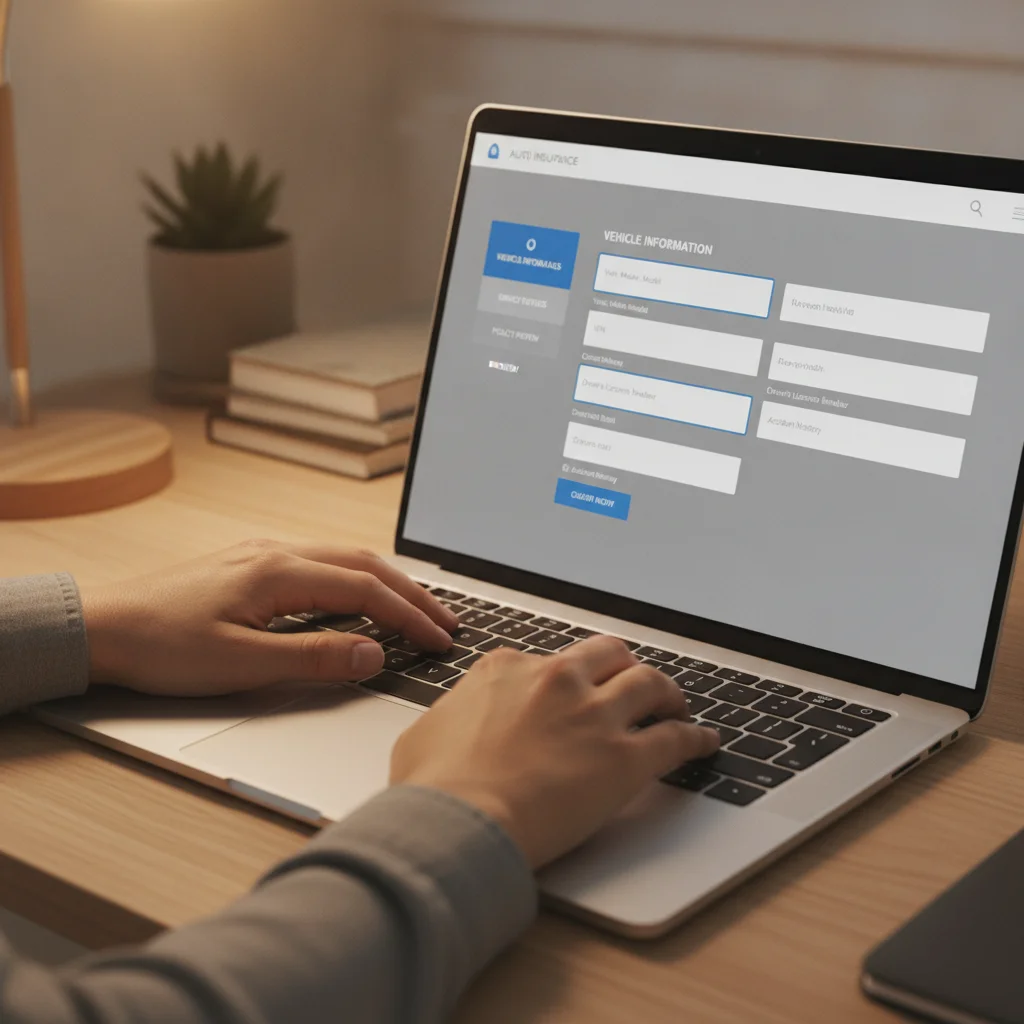 Hands typing on a laptop to update auto insurance policy information in an online portal