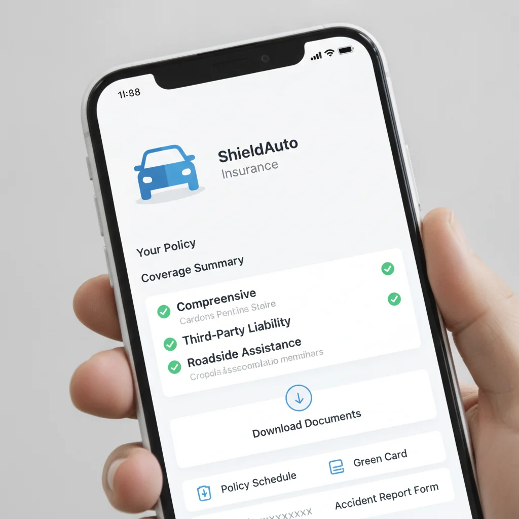 Smartphone screen displaying a car insurance app with policy documents and coverage details