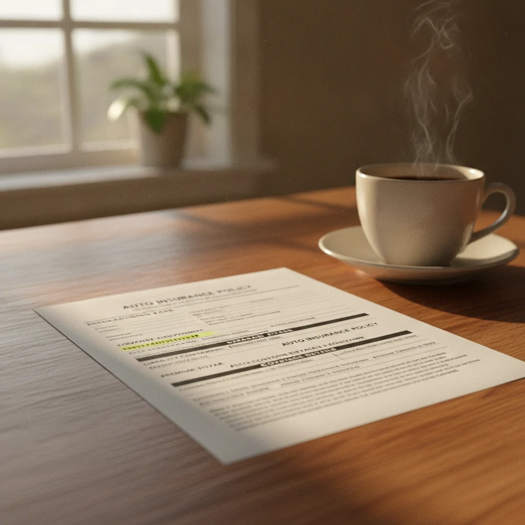 Auto insurance policy document on a kitchen table with morning light and a coffee cup nearby