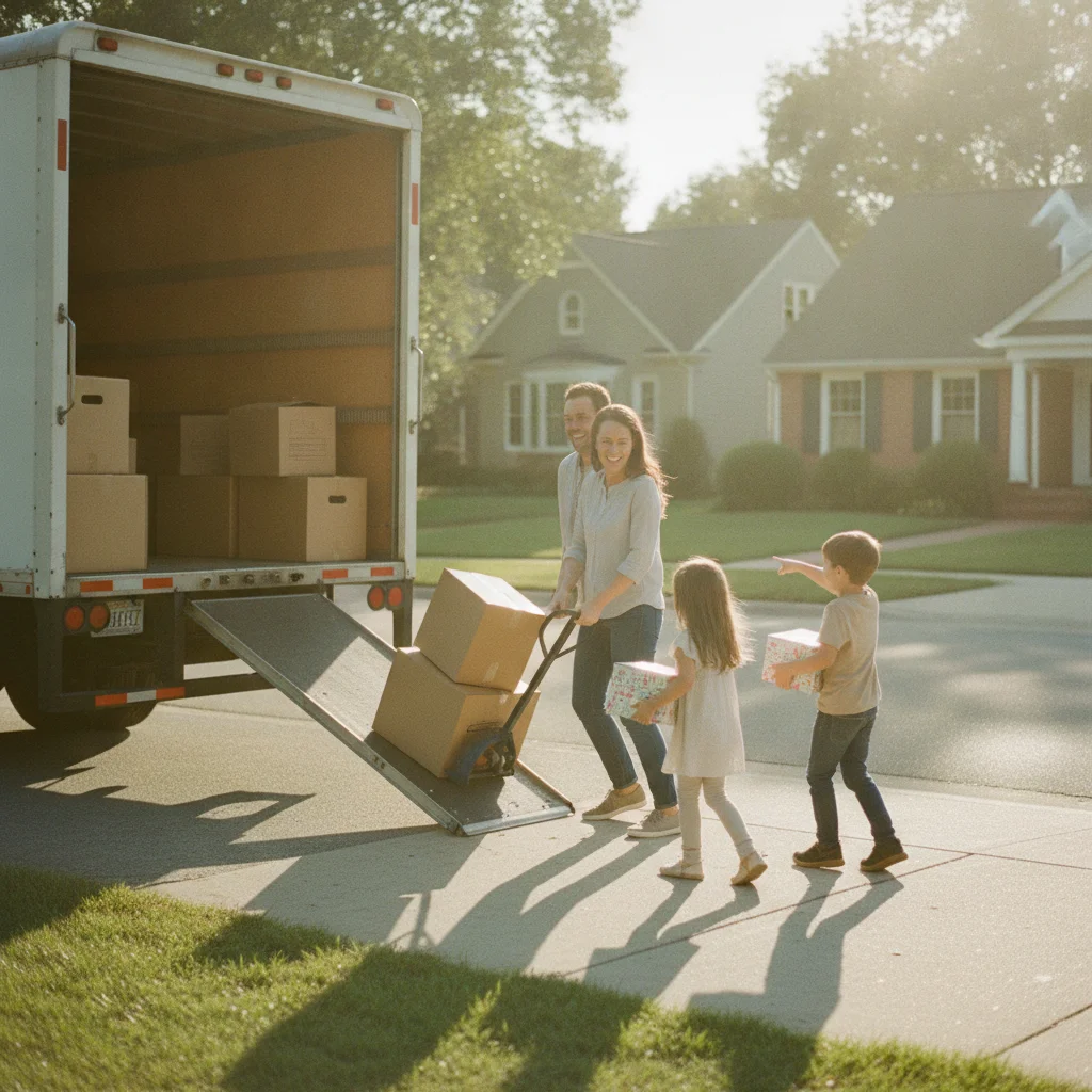 Family moving into a new home with a moving truck parked on a residential street