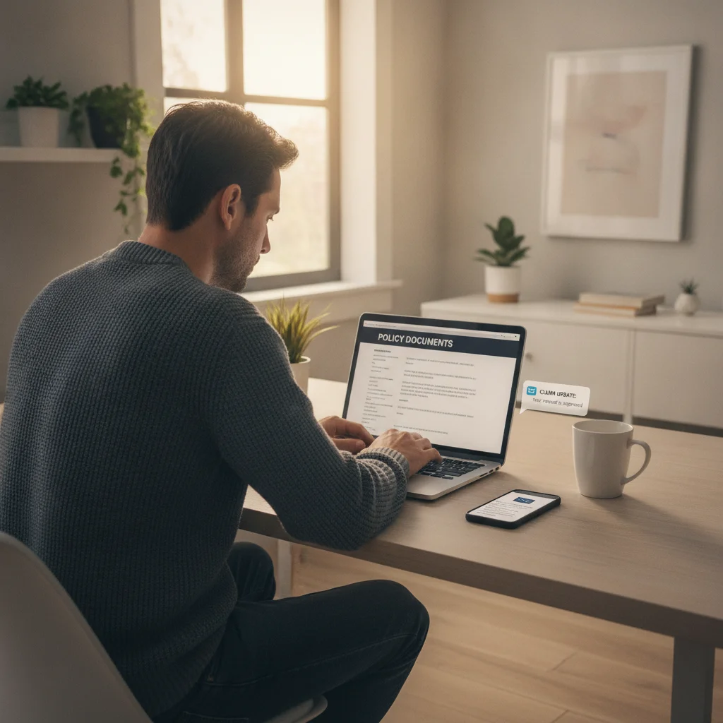 Person reviewing auto insurance policy online on a laptop with a smartphone showing a notification
