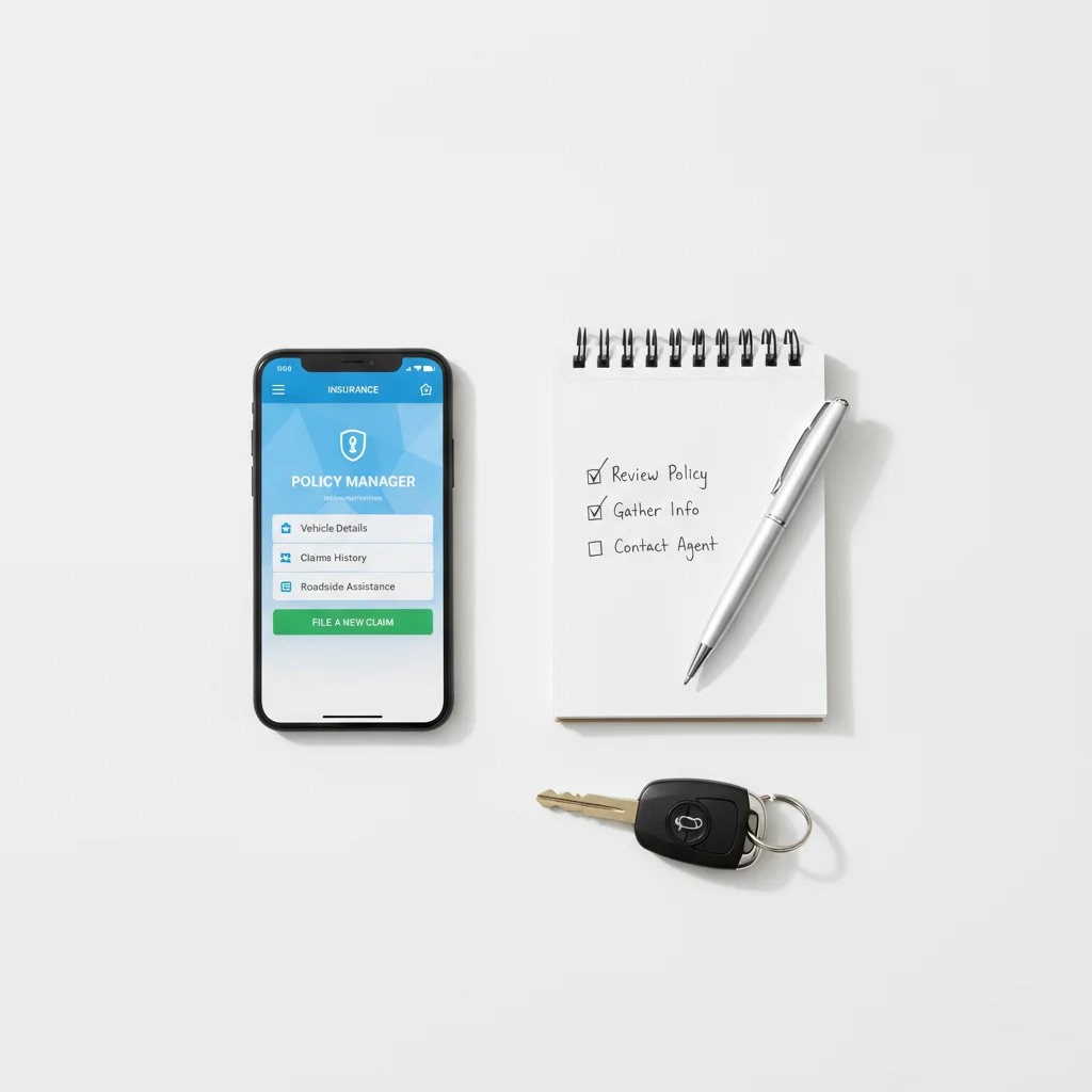 Smartphone with insurance app open beside a checklist notepad and car keys on a white surface
