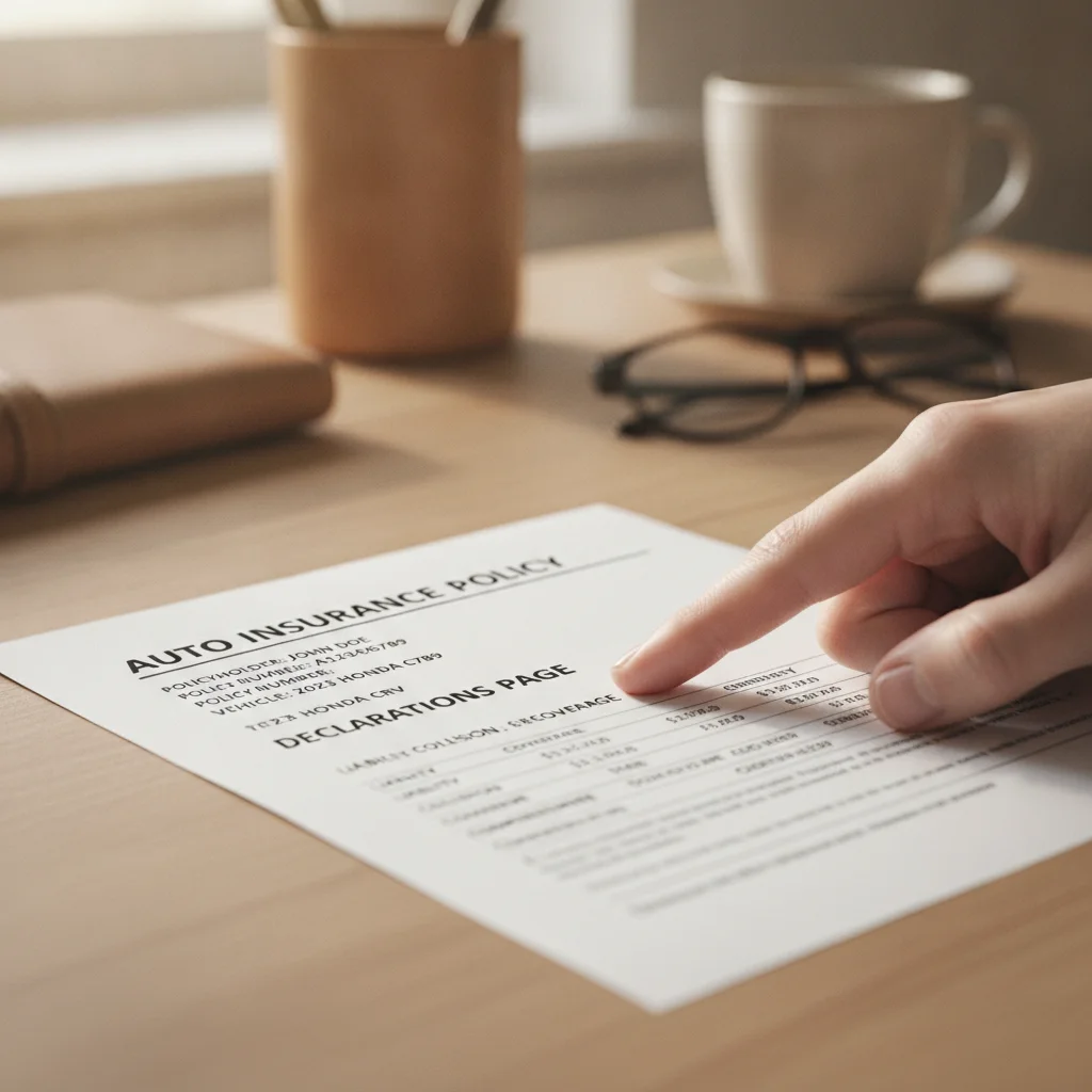 Hand pointing to declarations page of an auto insurance policy on a desk