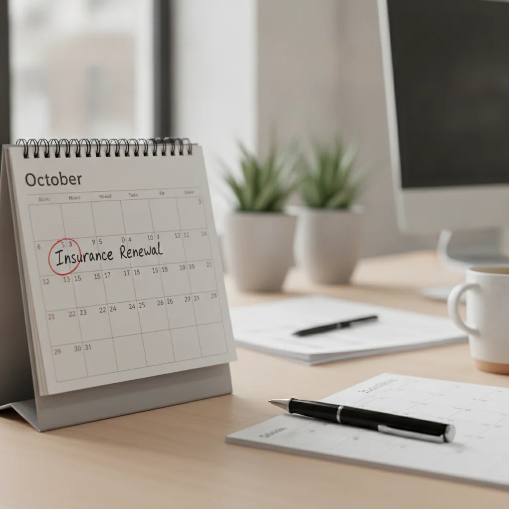 Open calendar on a desk with an auto insurance renewal date circled in red