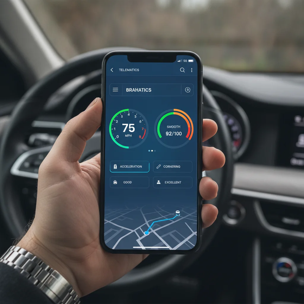 Smartphone displaying a telematics driving app dashboard with speed and braking data