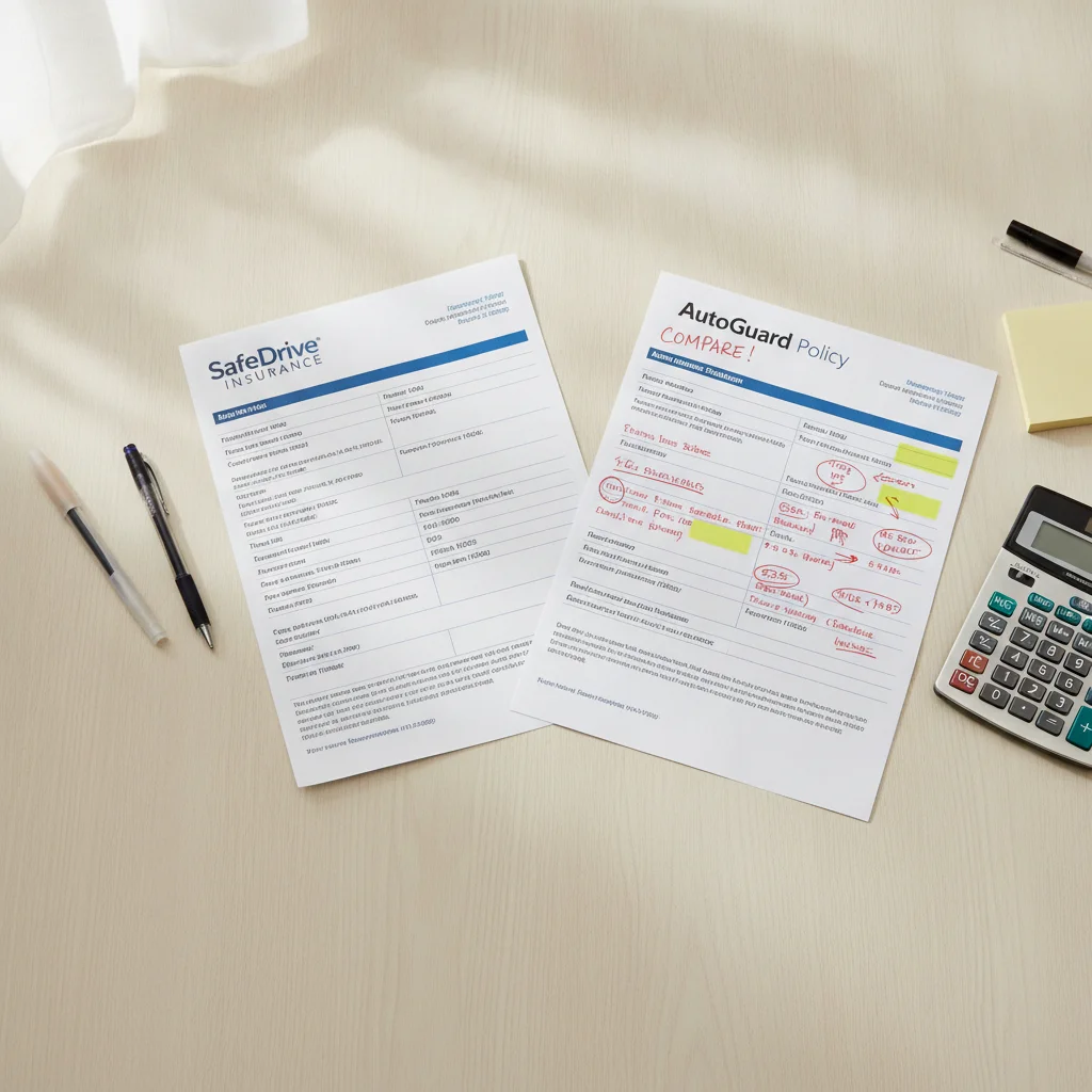 Two auto insurance renewal statements laid side by side on a desk with a calculator, showing coverage comparison