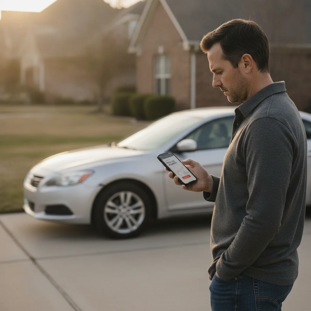 Person using a smartphone to check vehicle value on a car valuation website with a car in the background