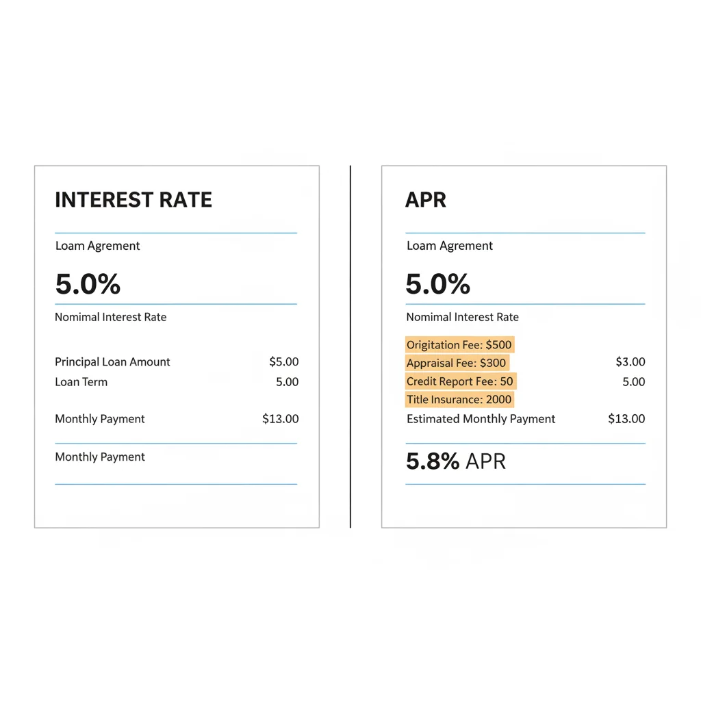 Side-by-side comparison of auto loan interest rate and APR documents highlighting the fee difference.