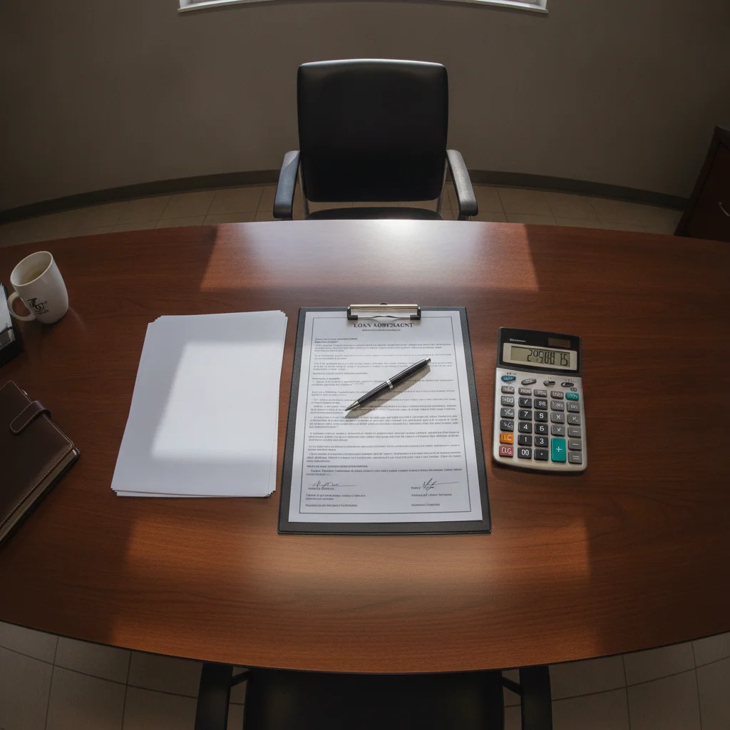 Car dealership finance office desk with loan documents, calculator, and pen.