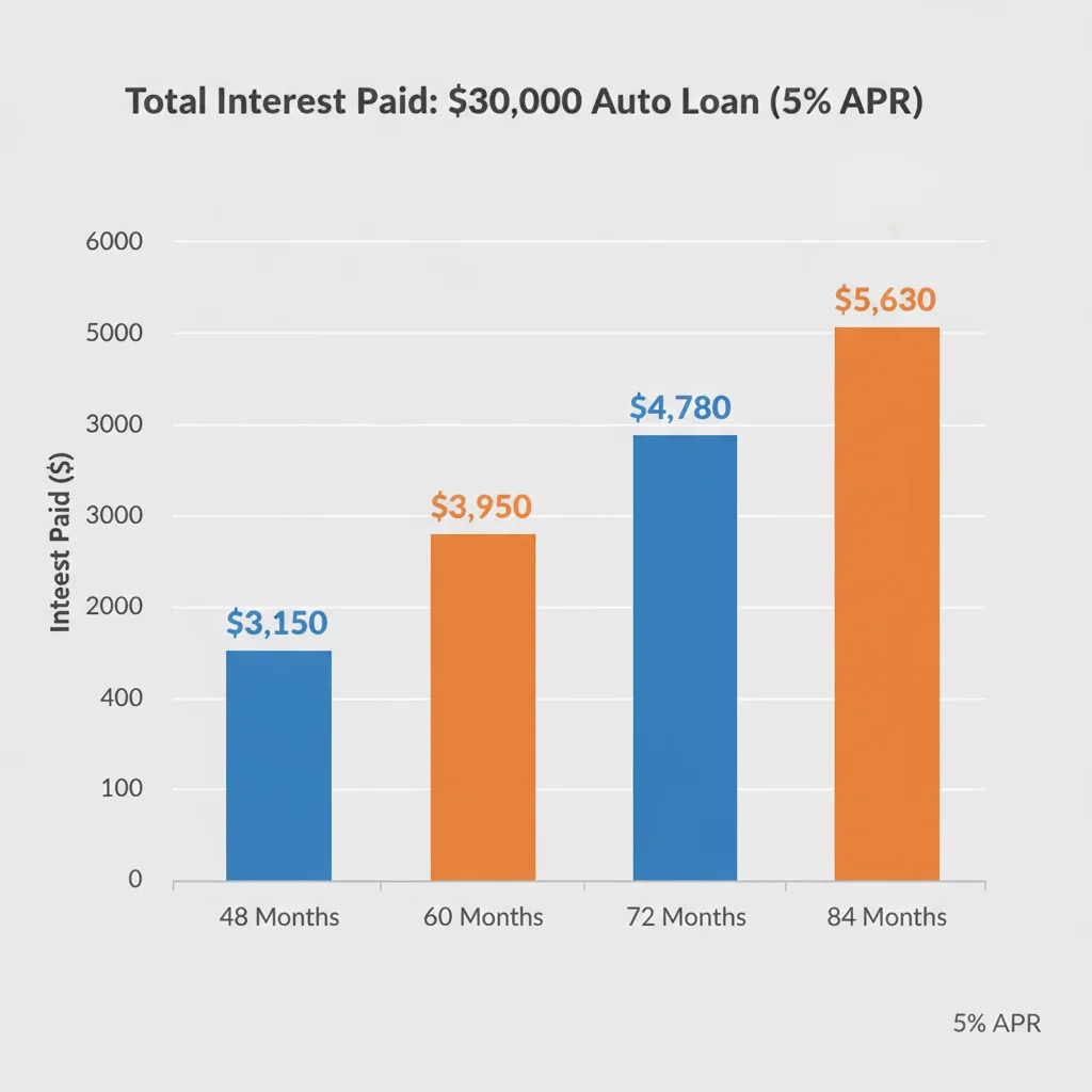 Bar chart showing increasing total interest paid as auto loan term extends from 48 to 84 months.