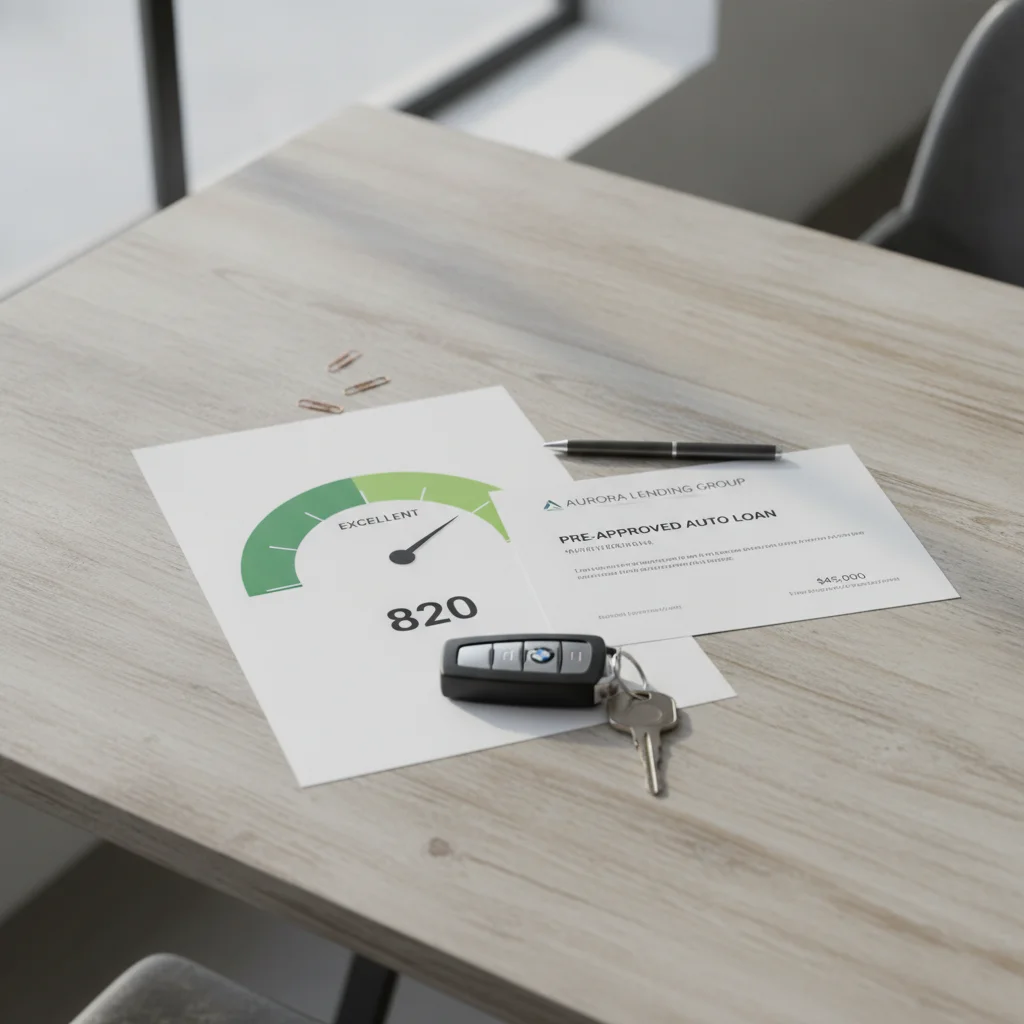 Credit score printout, bank preapproval letter, and car key arranged on a wooden table.