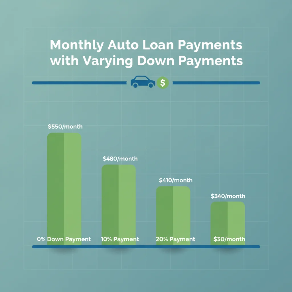 Bar chart showing how monthly auto loan payments decrease as down payment percentage increases