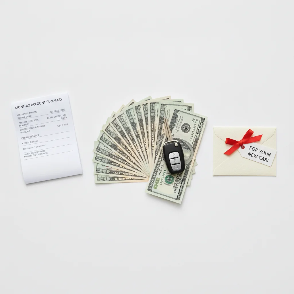 Cash, car keys, bank statement, and gift envelope representing different sources of a car down payment