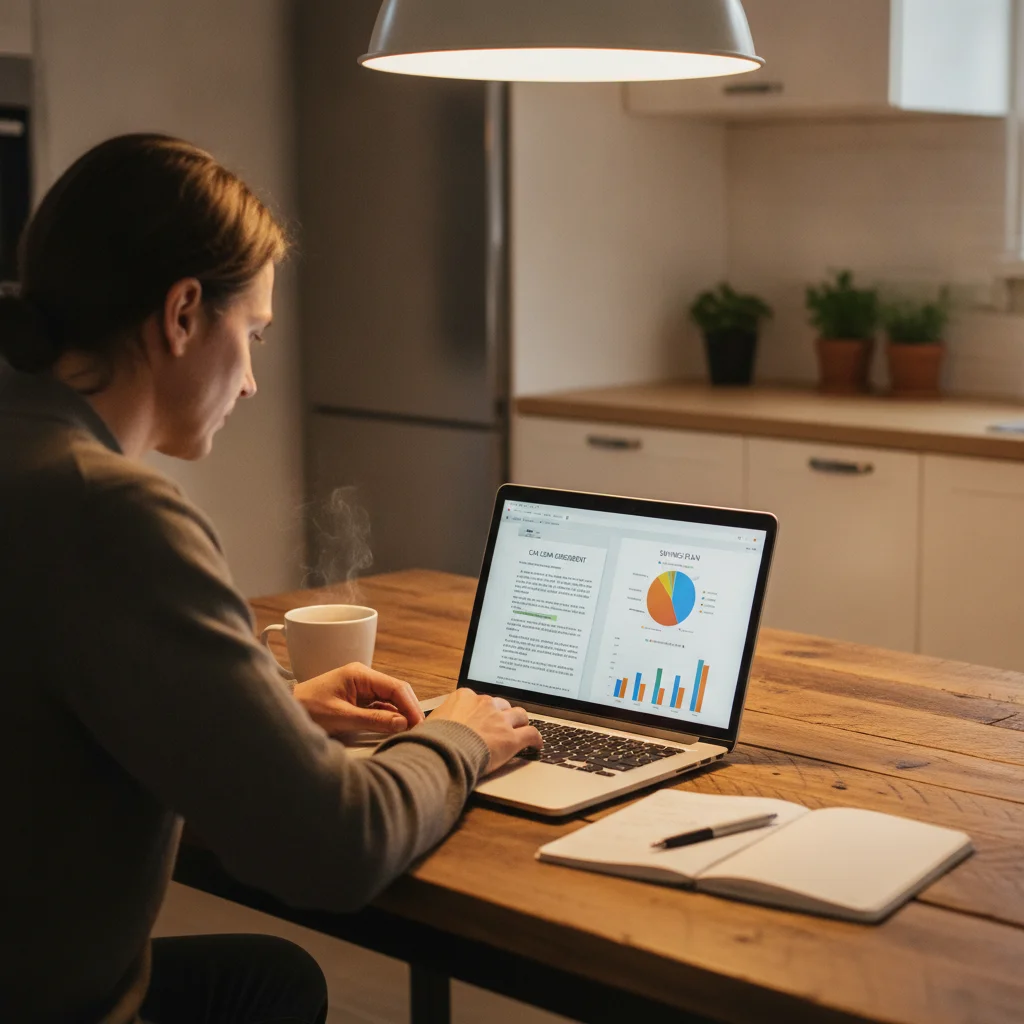 Person reviewing auto loan paperwork and a savings plan on a laptop at a kitchen table