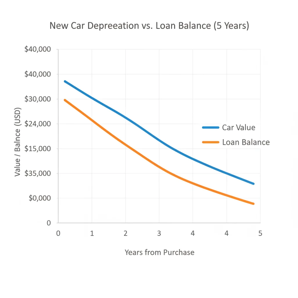 Graph comparing vehicle depreciation curve against loan balance paydown over five years